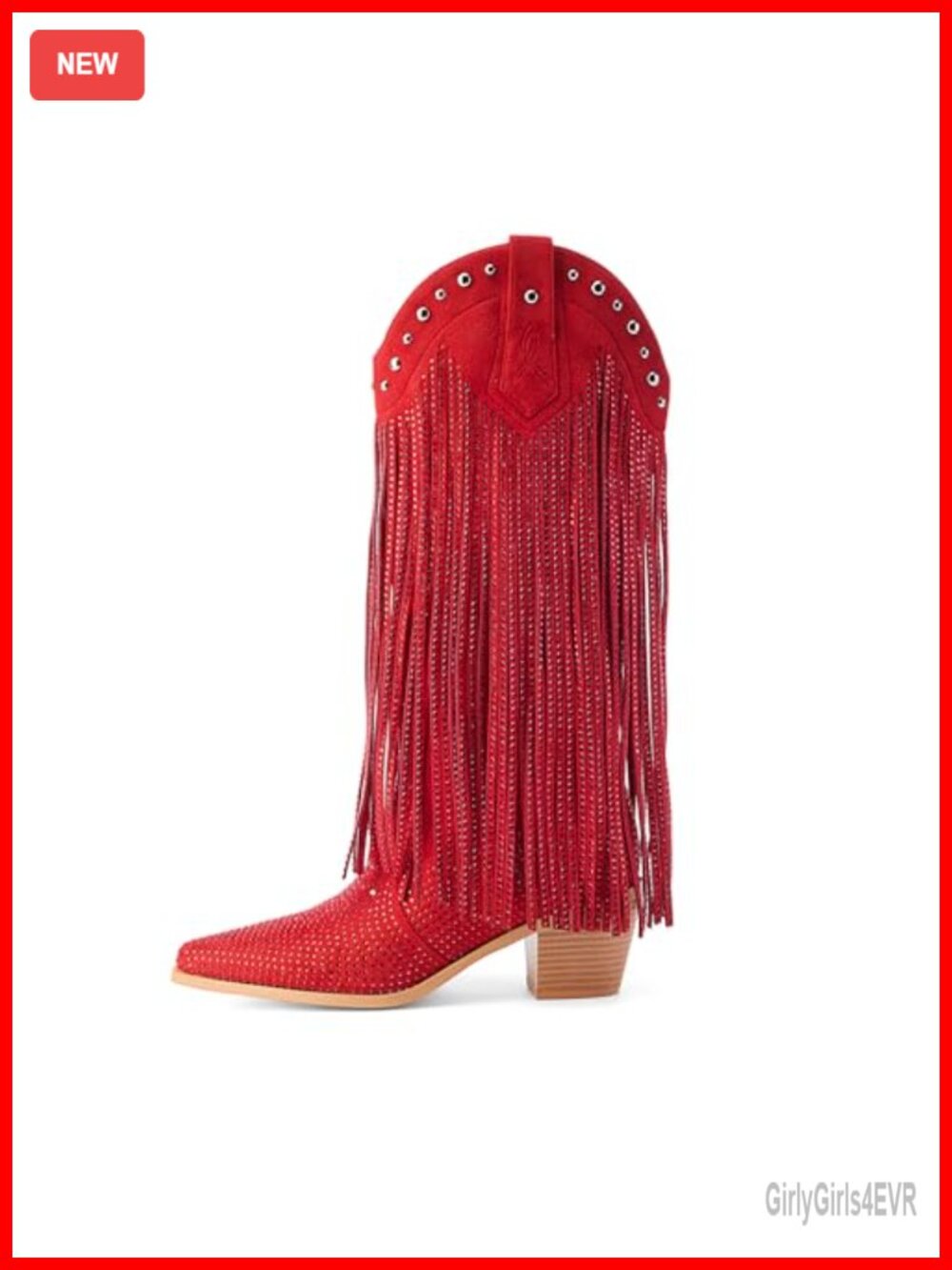 Rhinestone Fringe Cowgirl Boots Pointed Toe Chunky Heel Pull On Western Boots